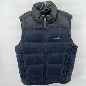 Eddie Bauer Vest Mens Medium Goose Down Puffer Outdoor Gray Navy‎ Hiking Warm